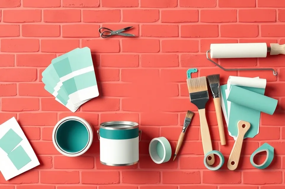 Pots de peinture, nuancier, brosses et rouleaux disposés à plat