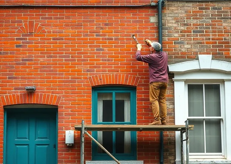Peintre sur échafaudage traitant la façade d'une maison